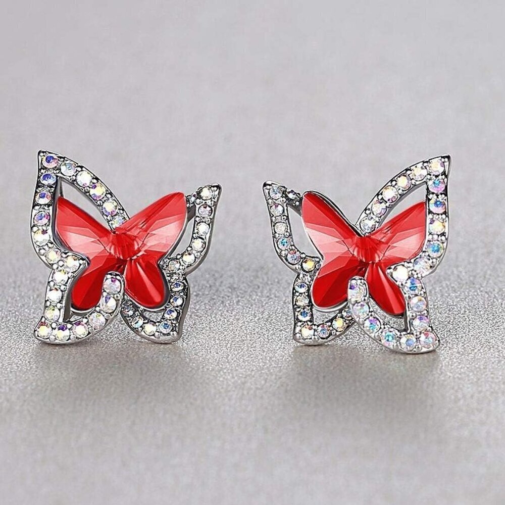 Women's Red Crystal Crisscros Butterfly Premium Birthstone Stud Sparkle Earrings